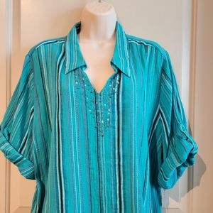 Catherine's Beachy 100% cotton Embroidered Pullover Shirt Top Beaded 2X